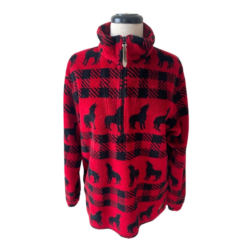 VTG Woolrich Fleece Knit Wool Blend Sweater Red Plaid Wolf Howl USA MADE Women M